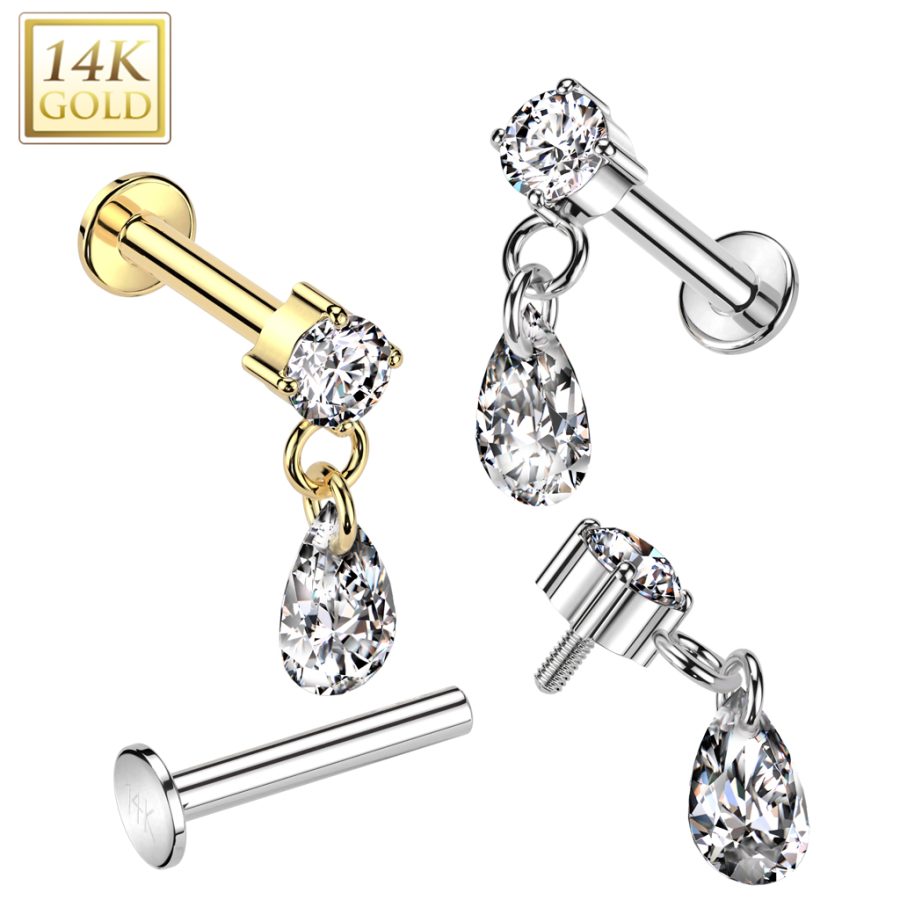 14K Gold Internally Threaded Labret With Prong Set CZ Top and Teardrop CZ Dangle