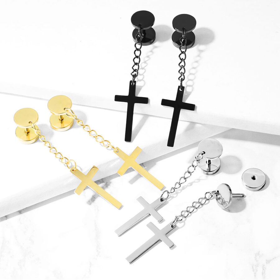 Cross on Chain Dangle 16 Gauge 316L Surgical Steel Fake Plugs