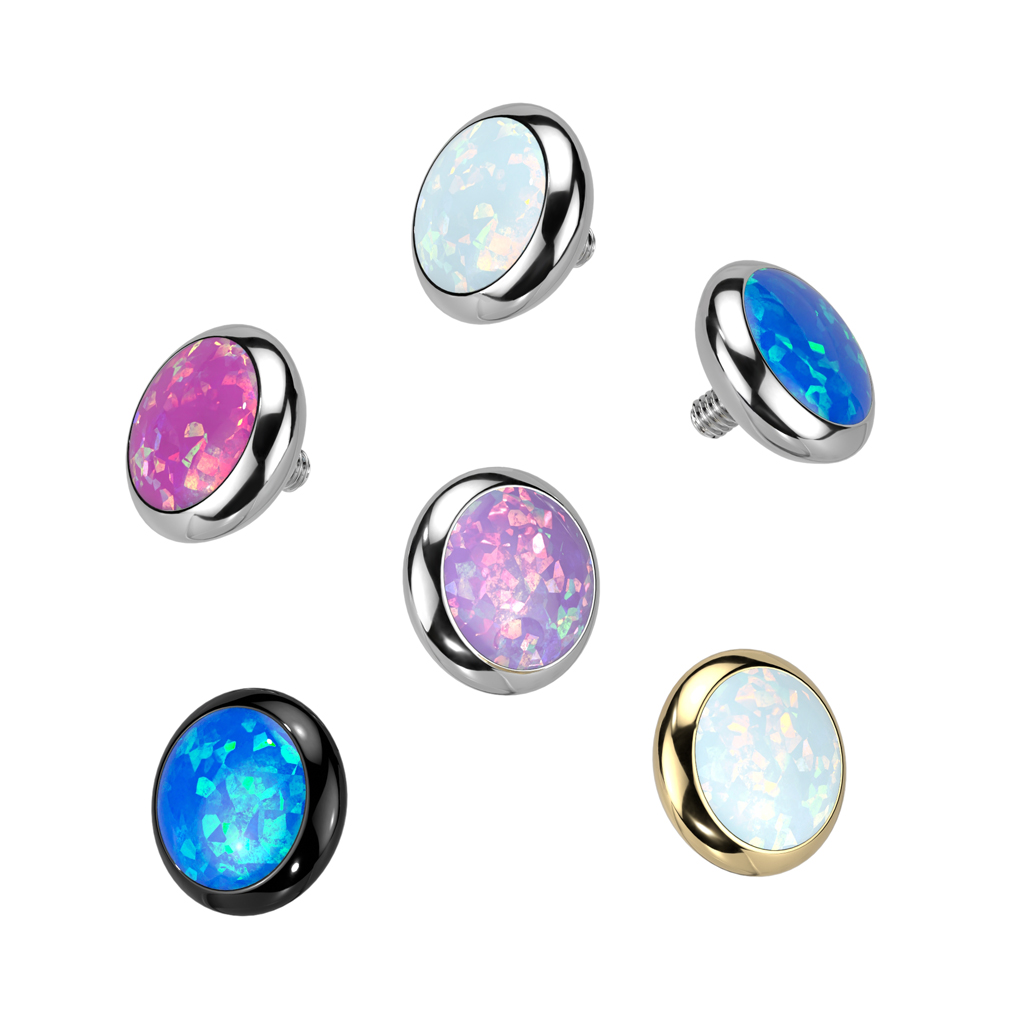 Implant Grade Titanium 1.6mm Internally Threaded Flat Bezel Set Opal Top