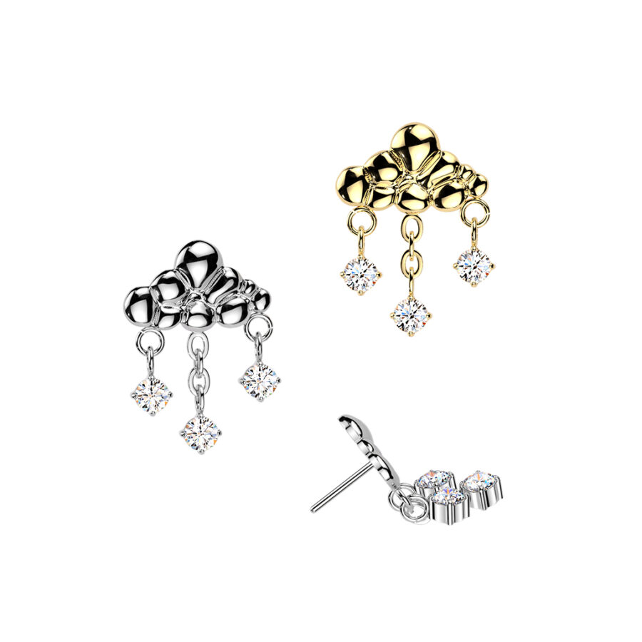 Titanium Threadless Push In Rain Cloud With 3 CZ Dangle Top