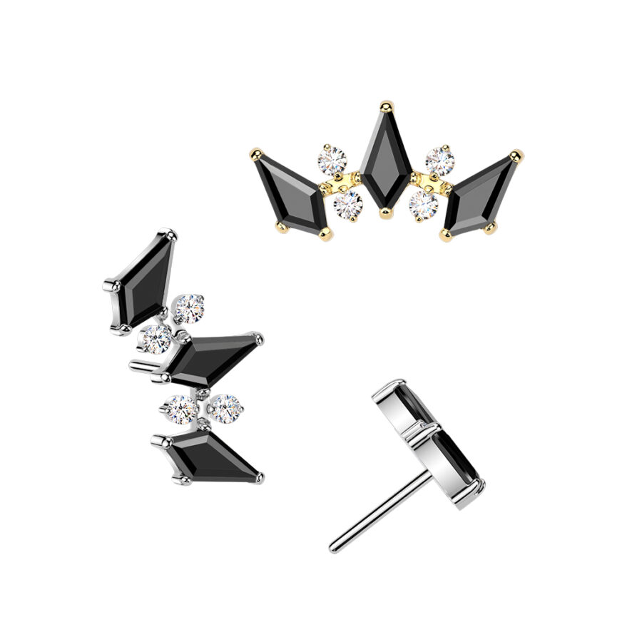 Titanium Threadless Push In Triple Black Diamond Cut CZ Crown Top