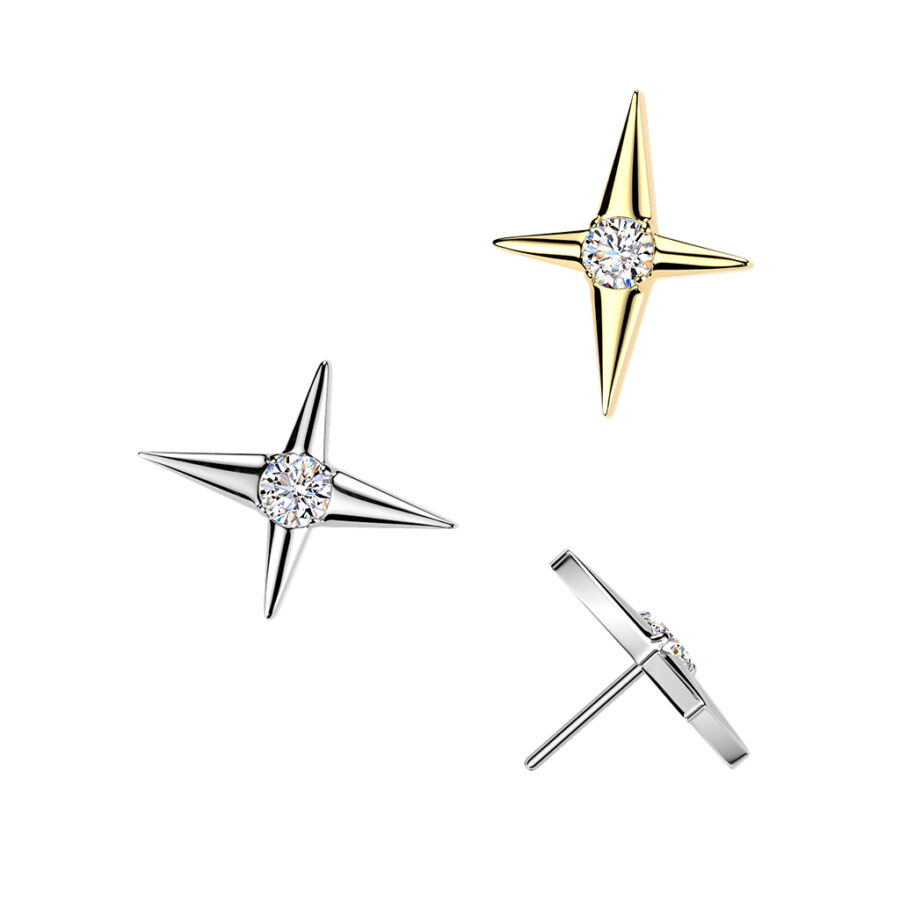 Titanium Threadless Push In North Star Cross With CZ Center Top