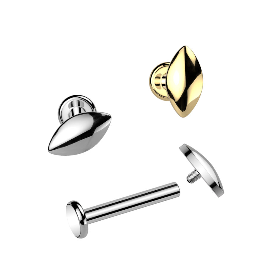 Implant Grade Titanium Internally Threaded Rounded Marquise Top Labret, Flat Back Stud