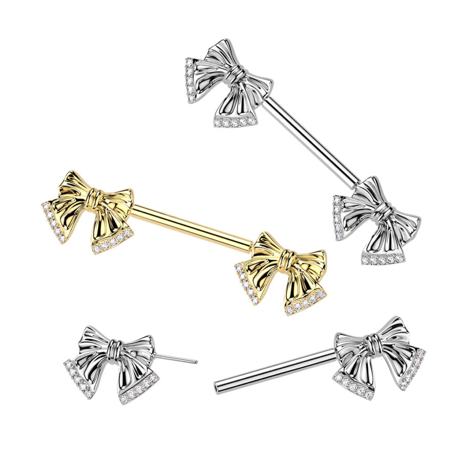 316L Threadless Push In Pave CZ Tip Ribbon Nipple Barbell