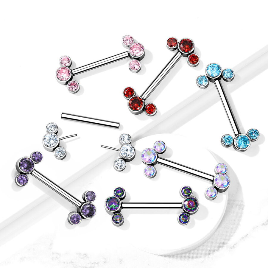Implant Grade Titanium Threadless Push in Nipple Barbell With 3 Bezel Set CZ Ends