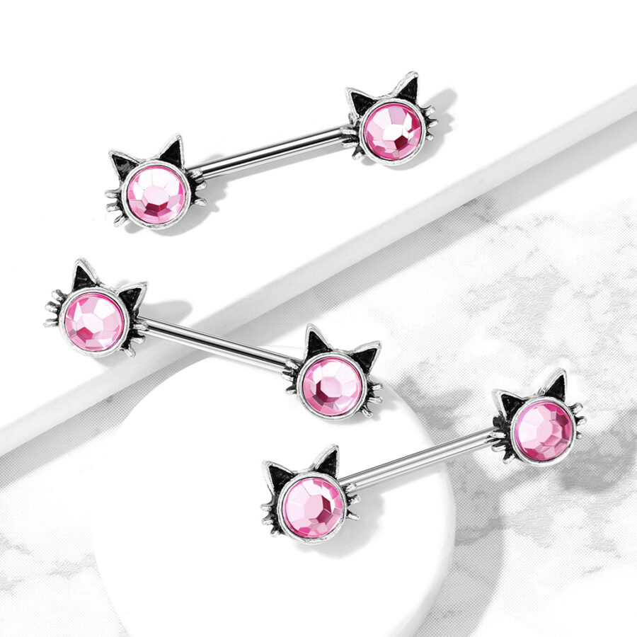 Cat with Pink Stone Set Ends 316L Surgical Steel Nipple Barbell Rings