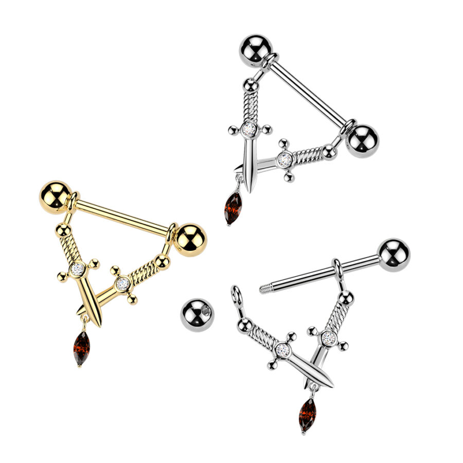 316L Nipple Barbell With Crossed Daggers & Marquise CZ Dangle