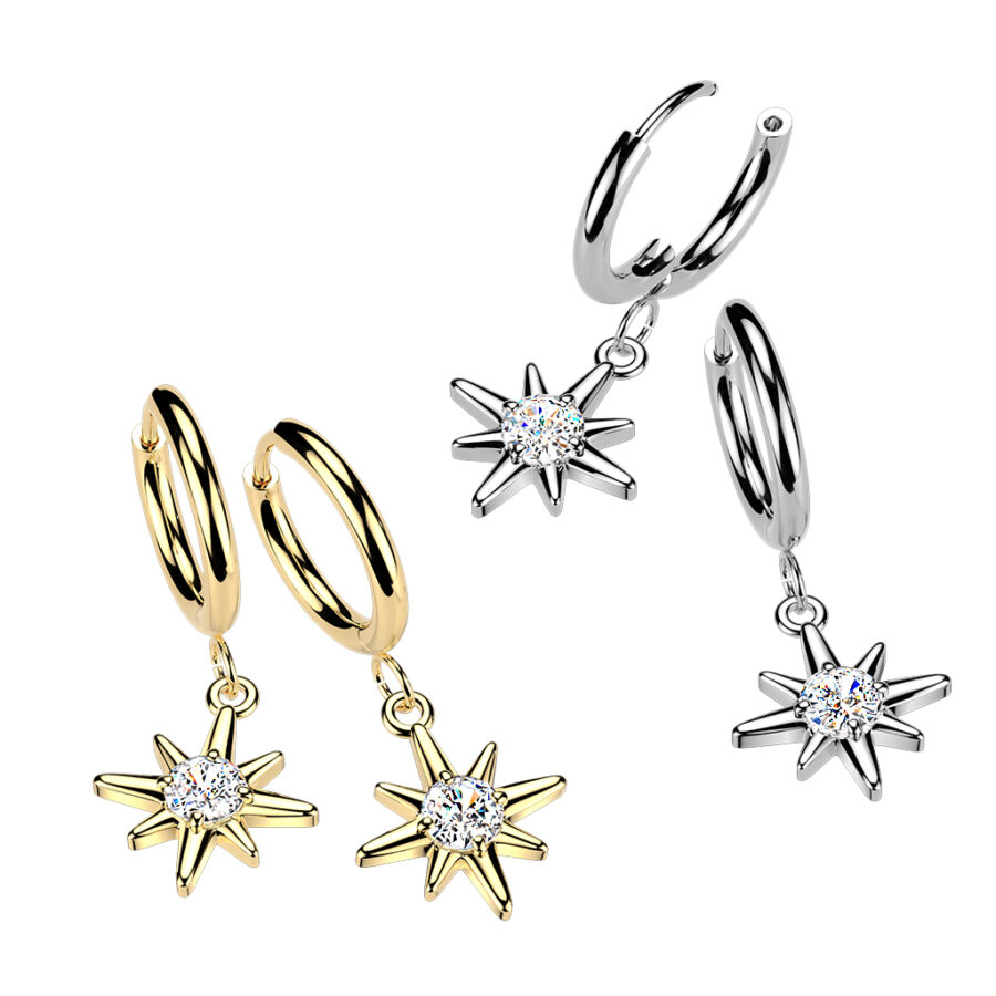 Pair of 316L Stainless Steel Hinged Hoop Earrings With Sunburst CZ Center Dangle