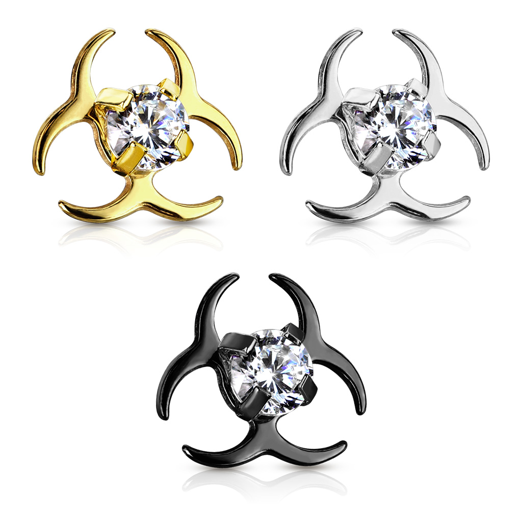 Clear CZ Centered Biohazard Symbol Internally Threaded 316L Surgical Steel Dermal Top